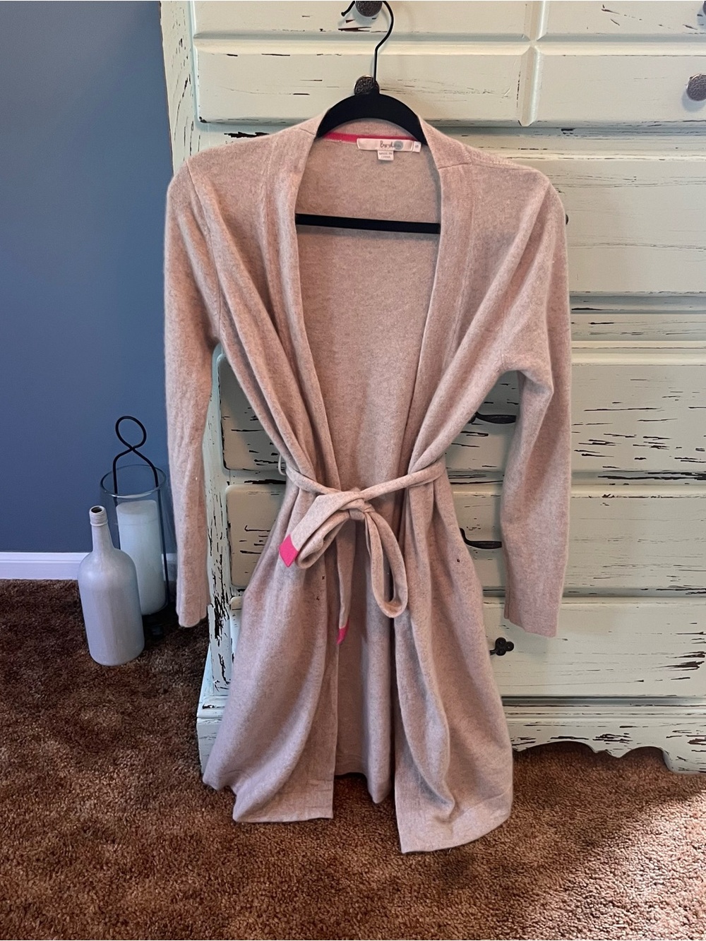 Boden Gray Knit Cardigan with Pink Trim. Size small, 100% cashmere.